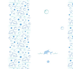 Sea banner with dolphins and empty space for text. Invitation card. Greeting background