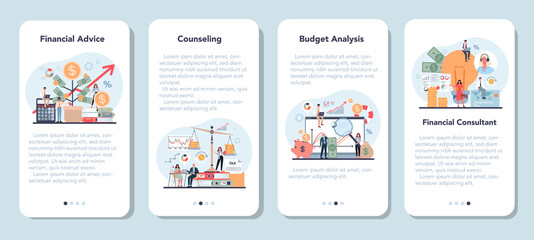 Financial analyst or consultant mobile application banner set.