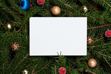 Fototapeta na wymiar Holidays card or wish list on fir branches with Christmas decorations