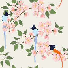 Seamless vector illustration with sakura branches and exotic beautiful birds.