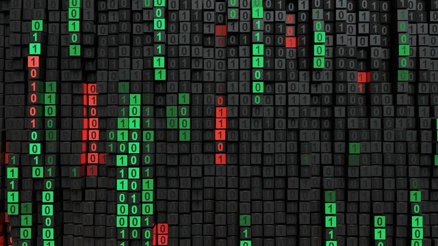 Digital binary computer code. Abstract information technology design. Seamless loop 3D render animation