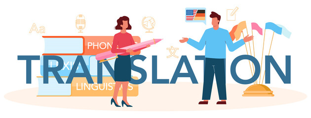Translation typographic header. Linguist translating document, books