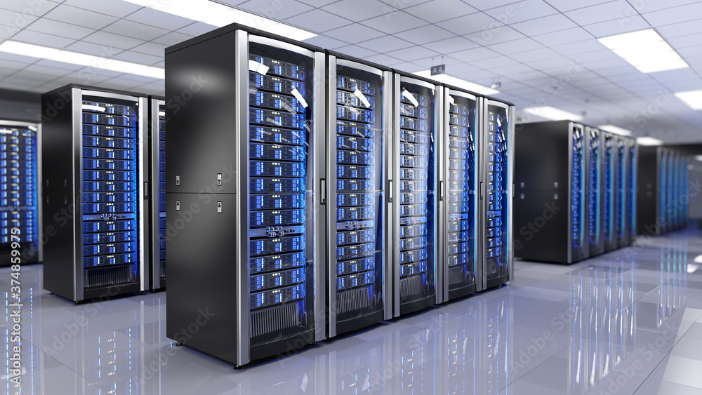 Wall mural server racks in server room data center - 3d rendering