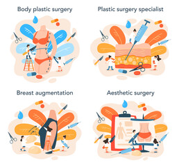 Plastic surgeon concept set. Idea of body correction. Implant and liposuction