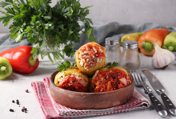 Bell Pepper Stuffed with rice and minced beef in tomato sauce in a plate on light gray background