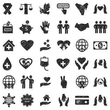 Charity And Donation Icons. Black Scribble Design. Vector Illustration.