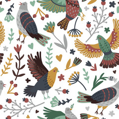 Birds and forest elements seamless pattern. Hand drawn branches with leaves and berries around cute bird set, vector illustration of flying fowls with wings isolated on white backgr