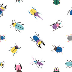 Colorful bugs seamless pattern. Cartoon cute insects of botanical icon set, vector illustration beetles of science of entomology isolated on white background