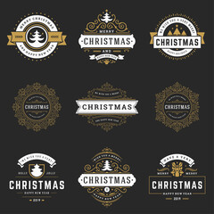 Christmas labels and badges vector design elements set.