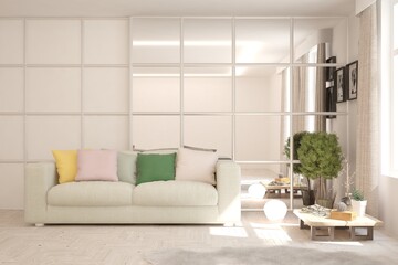 White living room with sofa. Scandinavian interior design. 3D illustration