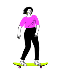 Outdoors activity on longboard. Cartoon happy young girl on cool skateboard, concept of urban sport, vector illustration of teenage skateboarding isolated on white background