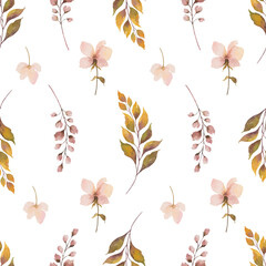 Watercolor vector autumn seamless pattern with fallen leaves.