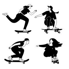 Girls skateboarding silhouettes. Cartoon young persons training tricks on longboards, sketches of street extreme sport, vector illustration of outdoors active