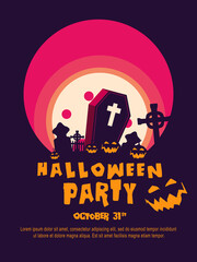 Halloween  background with tombstone, pumpkin, haunted house and full moon. Flyer or invitation template for Halloween party. silhouette Vector illustration.