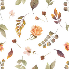 Watercolor vector autumn seamless pattern with fallen leaves.