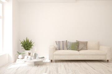 White living room with sofa. Scandinavian interior design. 3D illustration