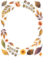 Fototapeta na wymiar Watercolor vector card with autumn leaves and branches isolated on white background. Arrangement for greeting cards, wedding invitations, invite and decorations.