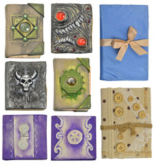 Design set with hand crafted books and decorated diary.