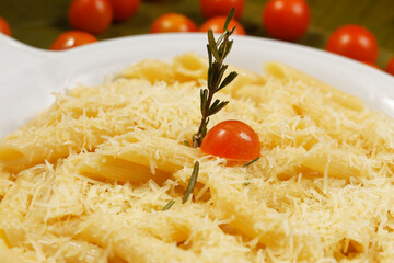 Bucatini pasta in garlic sauce, Parmesan cheese and cherry tomato.
