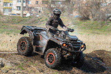 ATV in action. Extreme ride on dirt track. Ukraine
