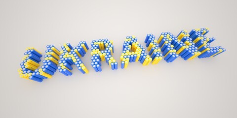 UKRAINE word made with batteries, wide shot. Modern electrical technologies conceptual 3d rendering