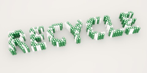 RECYCLE text made with many batteries. Electrical technologies related 3d rendering
