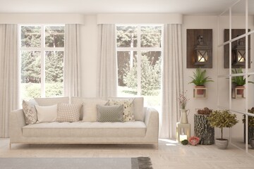 White living room with sofa and summer landscape in window. Scandinavian interior design. 3D illustration