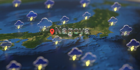 Stormy weather icons near Nagoya city on the map, weather forecast related 3D rendering