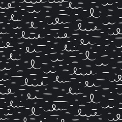 Water waves seamless pattern in stylized childish style. Black and white 