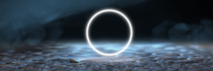 Obraz premium Lightning circle. Synth wave and retro wave, vaporwave futuristic aesthetics. Glowing neon style. Horizontal wallpaper, background. Stylish flyer for ad, offer, bright colors and smoke neoned effect.