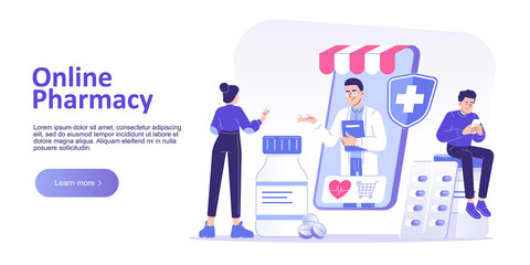 Online pharmacy concept. Doctor pharmacist in online drugstore standing in smartphone with medical supplies and pills. Landing page template. Website home page. Vector illustration for web banner