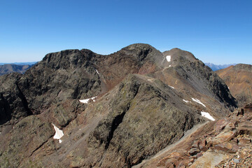 View of Pica Estats, a 3143 metres high mountain in the Montcalm Massif, Pyrenees, on the Spanish -...