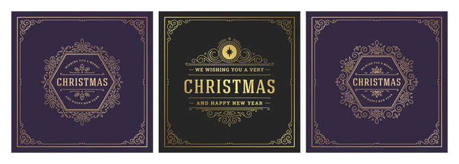 Christmas square banners vintage typographic design, ornate decorations symbols vector illustration
