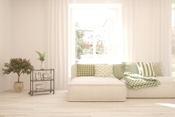 White living room with sofa. Scandinavian interior design. 3D illustration