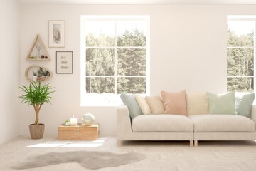White living room with sofa. Scandinavian interior design. 3D illustration