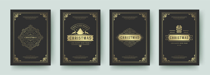 Christmas greeting cards set vintage design, ornate decoration symbols and winter holidays wishes vector illustration