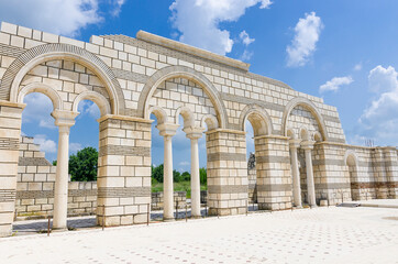 Fototapeta na wymiar Partially reconstructed walls of the Great Basilica in Pliska, Bulgaria