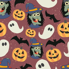 Halloween pattern with witch, bats, ghost and pumpkins. Halloween background.