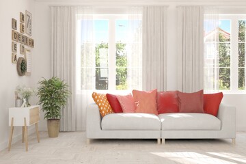White living room with sofa and summer landscape in window. Scandinavian interior design. 3D illustration