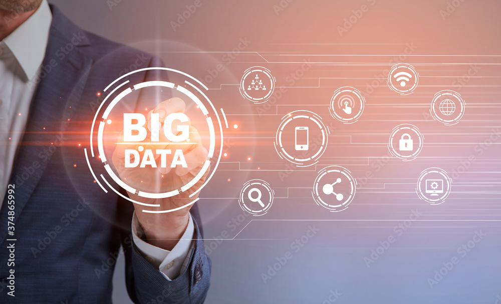 Aufkleber Big Data. Unrecognizable businessman pressing button on digital screen with virtual icons