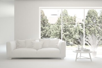 White living room with sofa and summer landscape in window. Scandinavian interior design. 3D illustration
