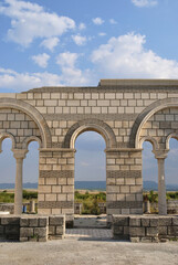 Fototapeta na wymiar Partially reconstructed walls of the Great Basilica in Pliska, Bulgaria