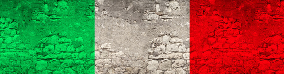 seamless panorama of the national flag of the state of Italy on an old stone wall with cracks, the concept of tourism, emigration, economy, politics, global world trade, civil rights, freedoms