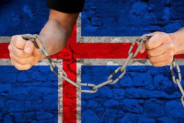 male hands break the iron chain, symbol of bondage, protest against the background of the state...