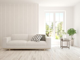 White living room with sofa and summer landscape in window. Scandinavian interior design. 3D illustration