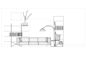 Living room interior wireframe. Front view. 3D. Vector illustration