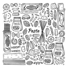 Hand drawn set with different types of pasta. Vector food illustration. May use as a coloring page
