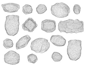 Set with stones of different shapes isolated on white background. Wireframe of stones. 3D. Vector illustration