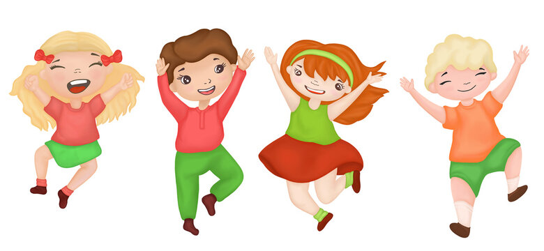 set of children jumping hands up illustration happy laughing rejoicing boys and girls picture colored characters