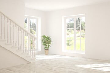 White empty room with summer landscape in window. Scandinavian interior design. 3D illustration